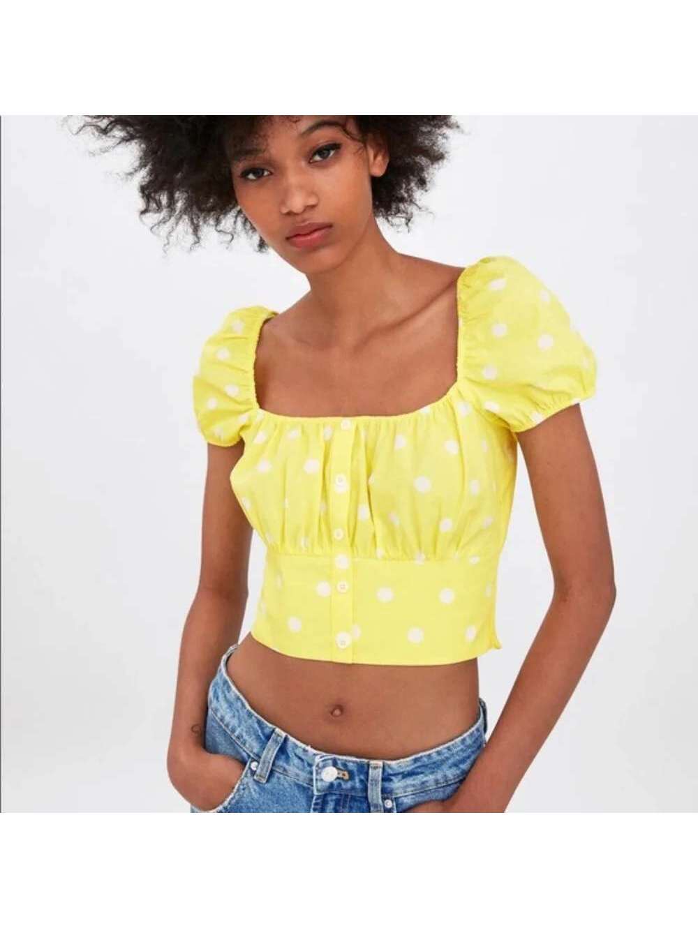 Zara Yellow Polka Dot Puff Sleeve Crop Top Size M Feminine Cottagecore Coquette